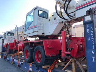 Export Logistics & Shipping, Inc. shows the load configuration for LinkBelt HTC830 crane on a 40ft flat rack